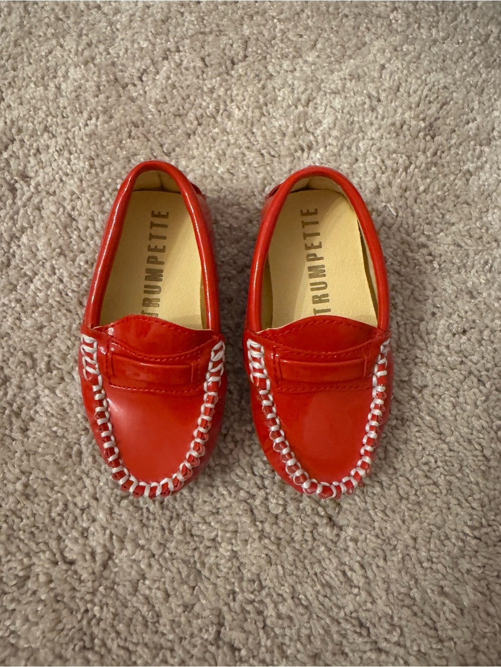 Trumpette Red Patent Moccasin Loafers with Whipstitch Trim